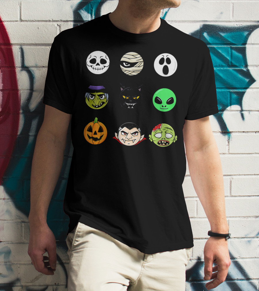 Scary Faces Halloween Emoji Emoji Icons Vampire Mummy Alien Ghost Pumpkin Monster Cat Witch T-Shirt