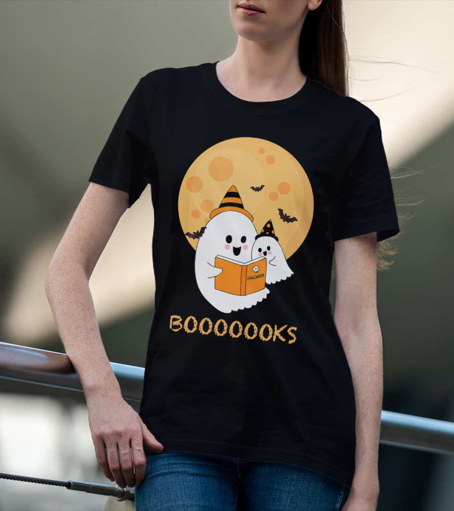 Halloween Ghosts Reading Boooooks Under Full Moon T-Shirt
