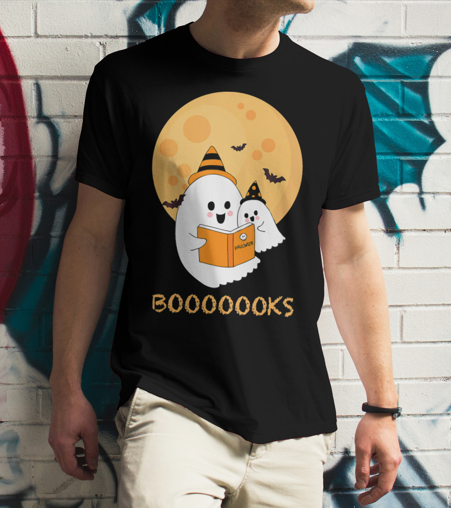 Halloween Ghosts Reading Boooooks Under Full Moon T-Shirt