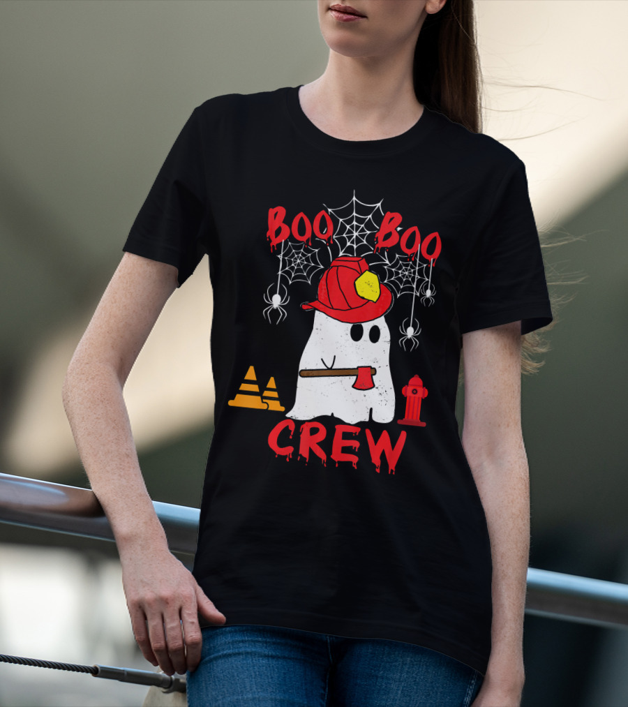 Boo Boo Crew Firefighter Halloween Ghost Spiderwebs And Axe T-Shirt
