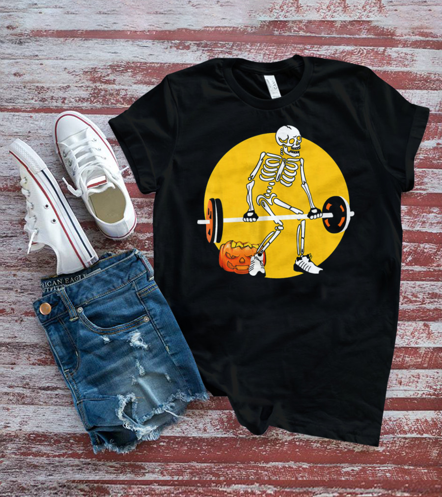Skeleton Weightlifting With Pumpkin In Yellow Circle T-Shirt