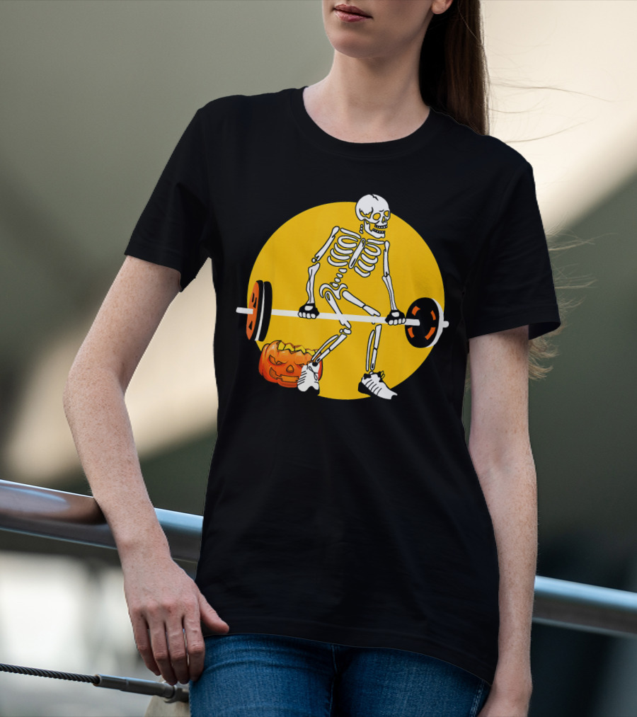 Skeleton Weightlifting With Pumpkin In Yellow Circle T-Shirt