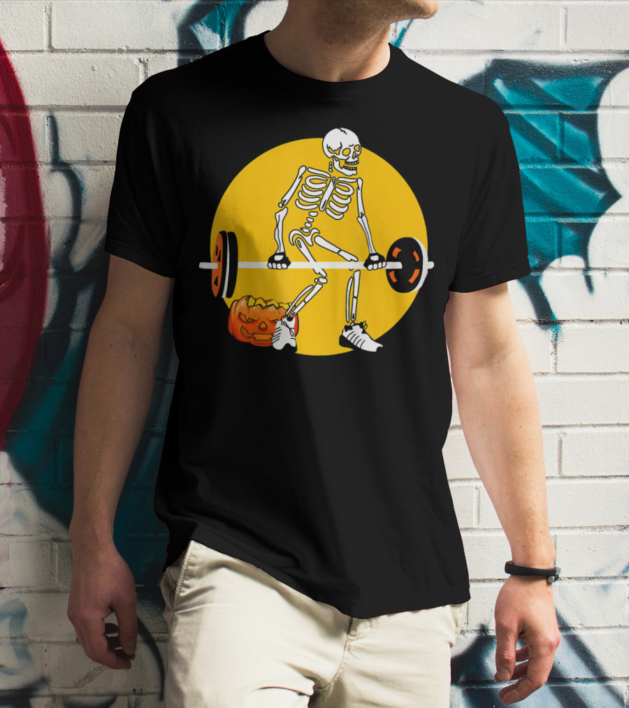 Skeleton Weightlifting With Pumpkin In Yellow Circle T-Shirt