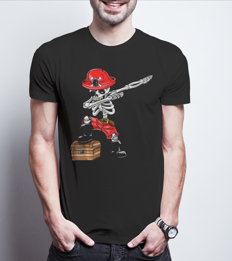 Dabbing Skeleton Pirate With Red Hat And Treasure Chest T-Shirt