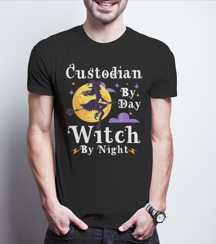 Custodian By Day Witch By Night Flying Broomstick Moon And Stars T-Shirt