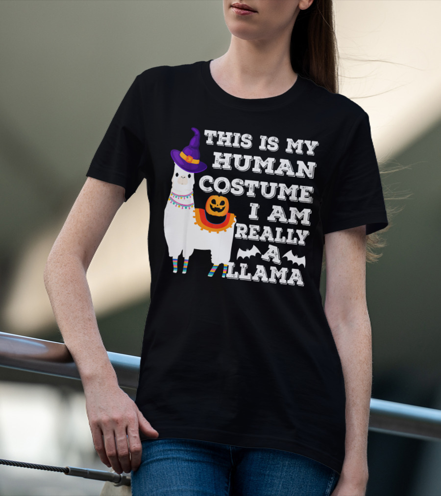 THIS IS MY HUMAN COSTUME I AM REALLY A LLAMA HALLOWEEN WITCH HAT PUMPKIN BAT T-Shirt