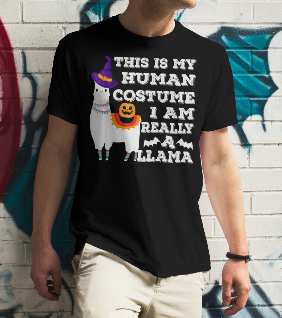 THIS IS MY HUMAN COSTUME I AM REALLY A LLAMA HALLOWEEN WITCH HAT PUMPKIN BAT T-Shirt