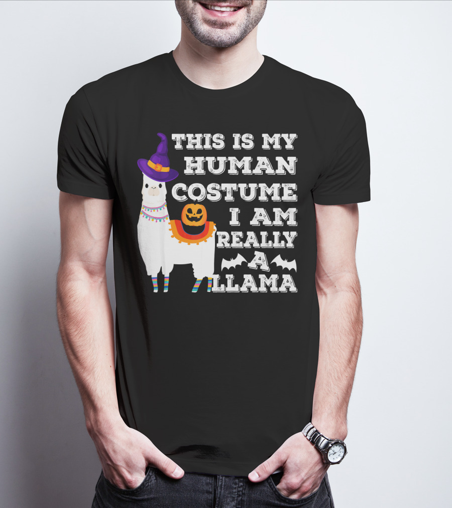 THIS IS MY HUMAN COSTUME I AM REALLY A LLAMA HALLOWEEN WITCH HAT PUMPKIN BAT T-Shirt