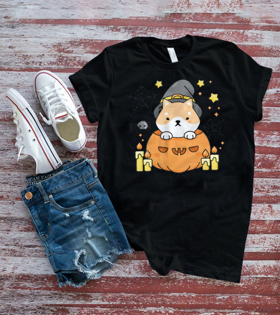 Kawaii Shiba Inu Dog In Witch Hat With Pumpkin And Candles Japanese T-Shirt
