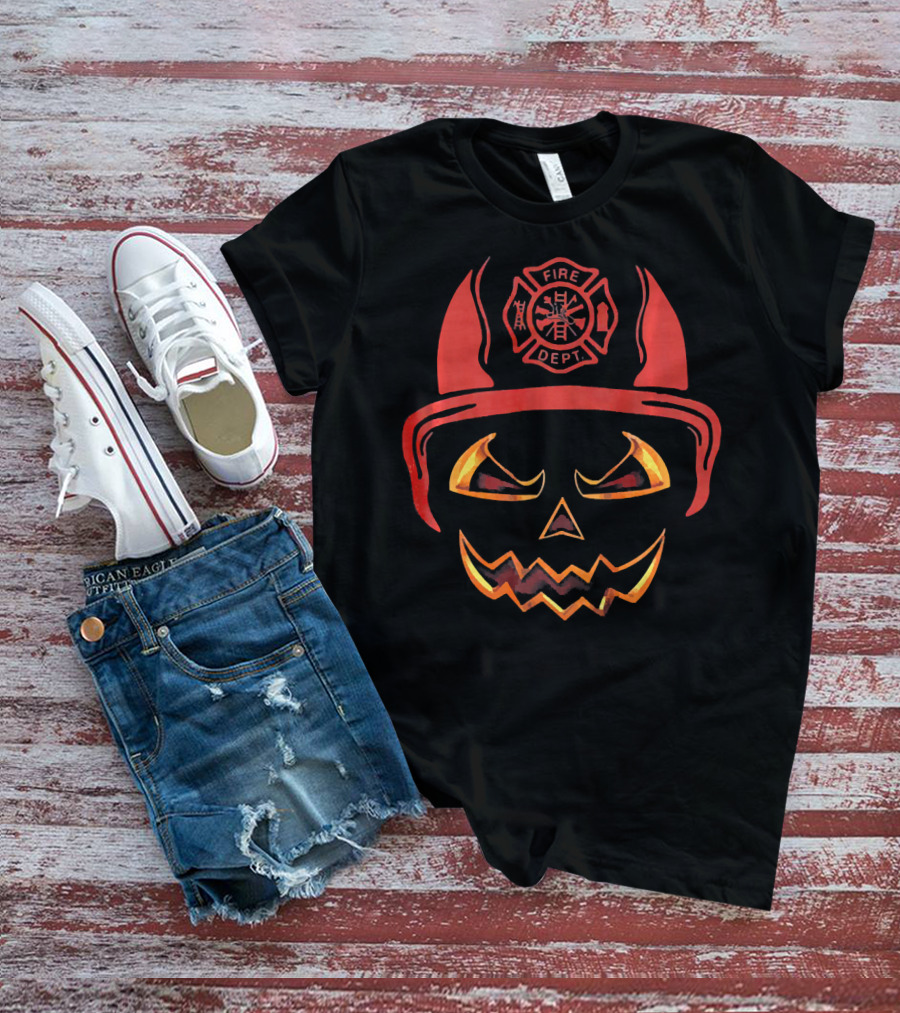 Fire Dept Pumpkin With Firefighter Helmet And Jack-O'-Lantern Face T-Shirt