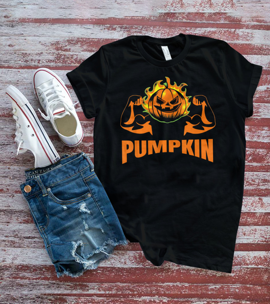 Bodybuilder Pumpkin Halloween Costume Muscles Jack-O'-Lantern T-Shirt