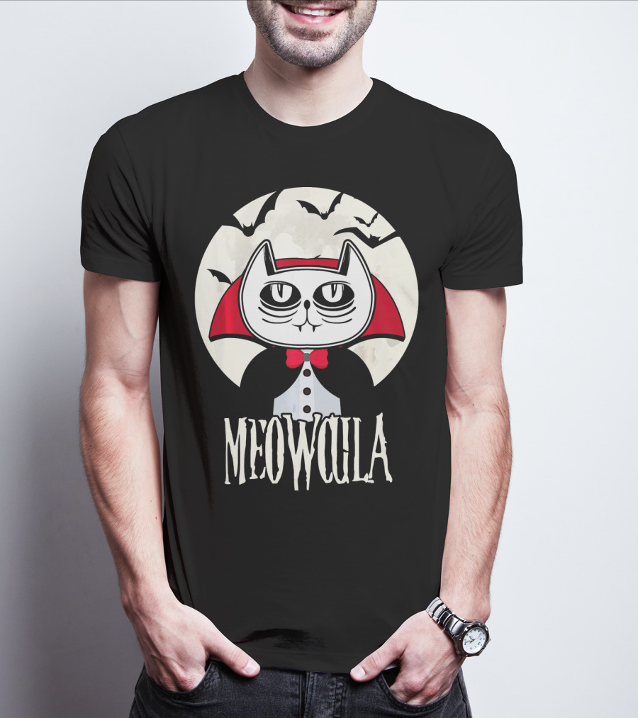 Meowcula Funny Cat Vampire Dracula Cartoon Bats Moon T-Shirt