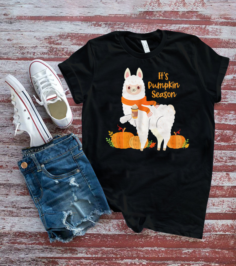 It's Pumpkin Season Llama With Autumn Leaves And Pumpkins T-Shirt