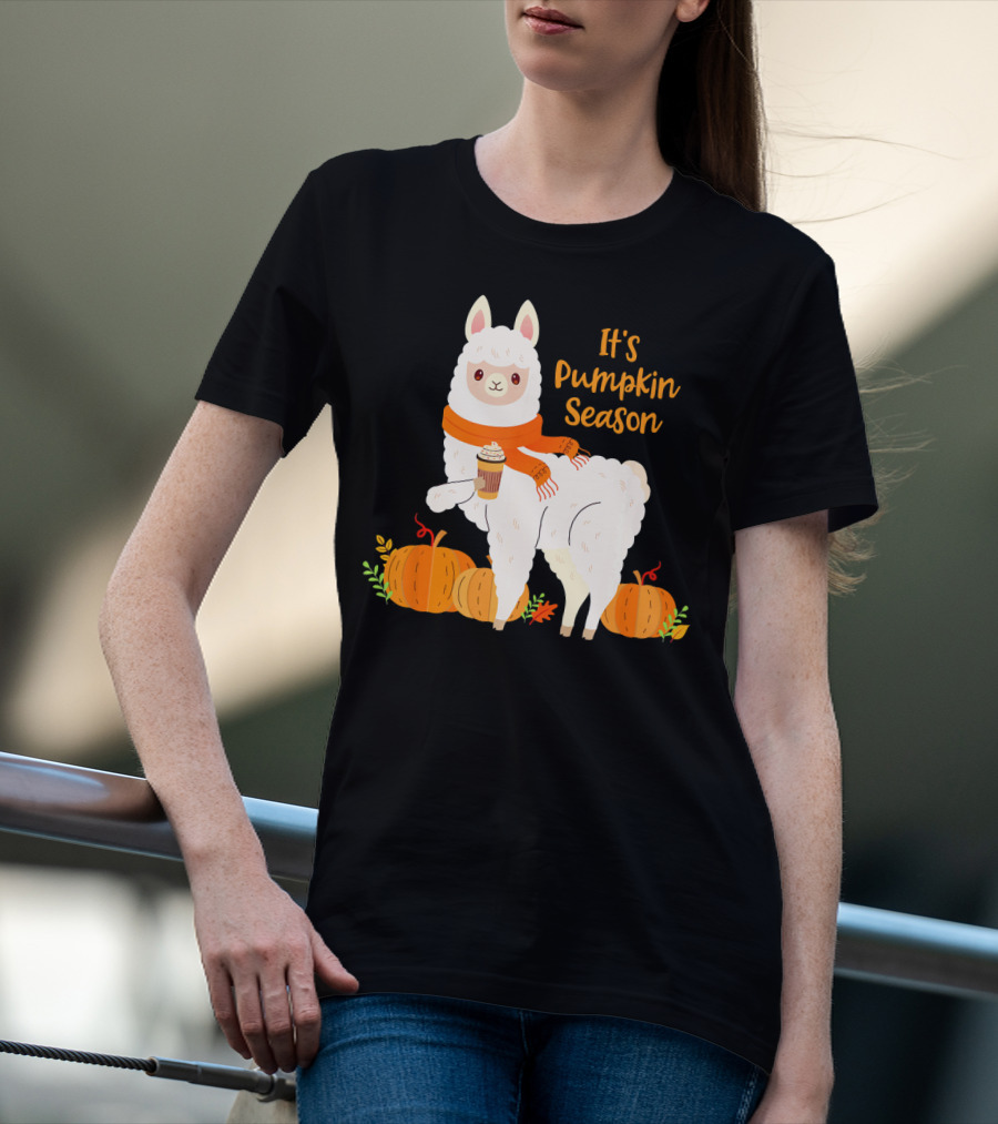 It's Pumpkin Season Llama With Autumn Leaves And Pumpkins T-Shirt