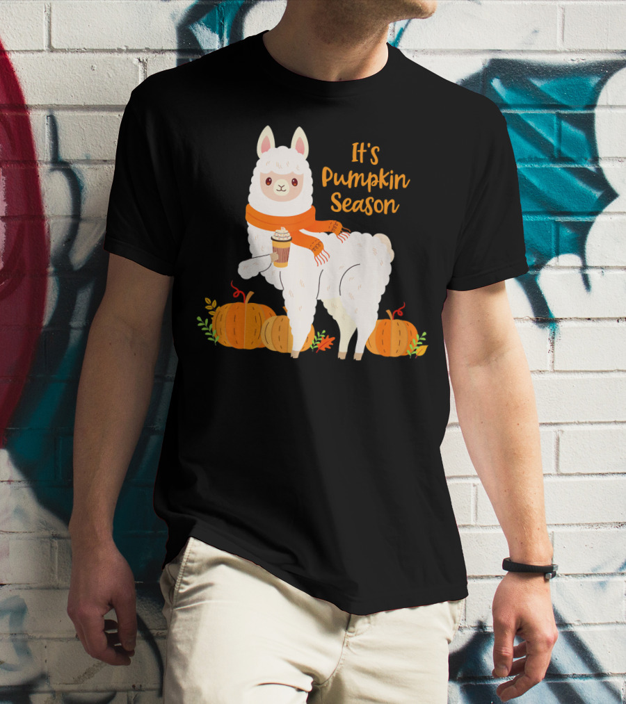 It's Pumpkin Season Llama With Autumn Leaves And Pumpkins T-Shirt