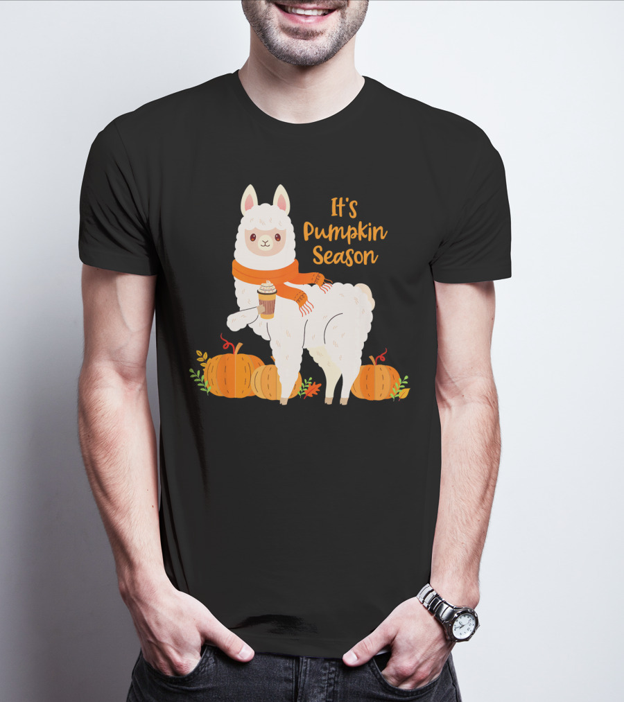 It's Pumpkin Season Llama With Autumn Leaves And Pumpkins T-Shirt