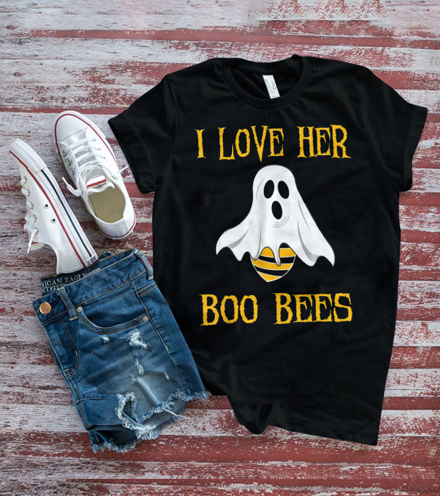 I Love Her Boo Bees Funny Couple Matching Halloween Ghost And Bee T-Shirt