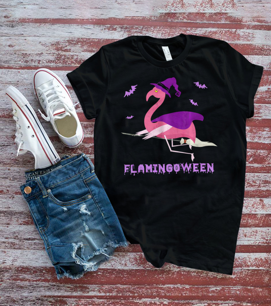 Flamingoween Funny Flamingo Witch With Bats And Broomstick T-Shirt