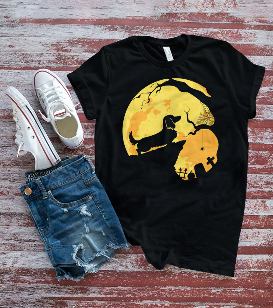 Dachshund Silhouette On Cliff With Full Moon And Halloween Graveyard Scene T-Shirt