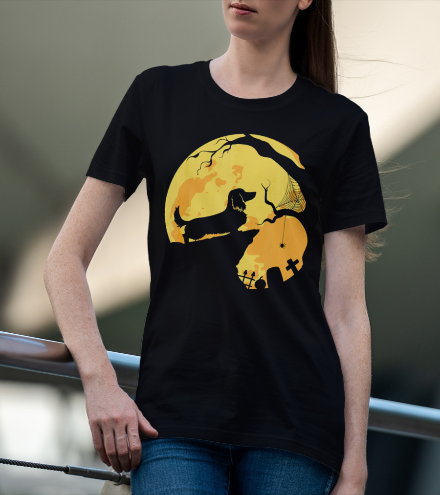 Dachshund Silhouette On Cliff With Full Moon And Halloween Graveyard Scene T-Shirt