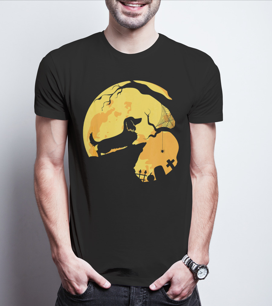 Dachshund Silhouette On Cliff With Full Moon And Halloween Graveyard Scene T-Shirt