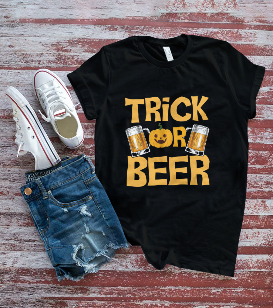 Trick Or Beer Funny Halloween Pumpkin Drinking T-Shirt
