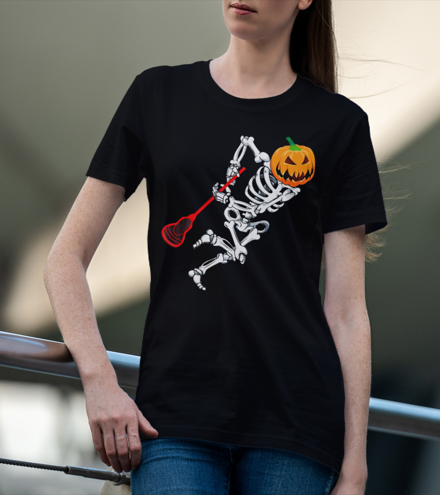 Skeleton Pumpkin Lacrosse Halloween T-Shirt
