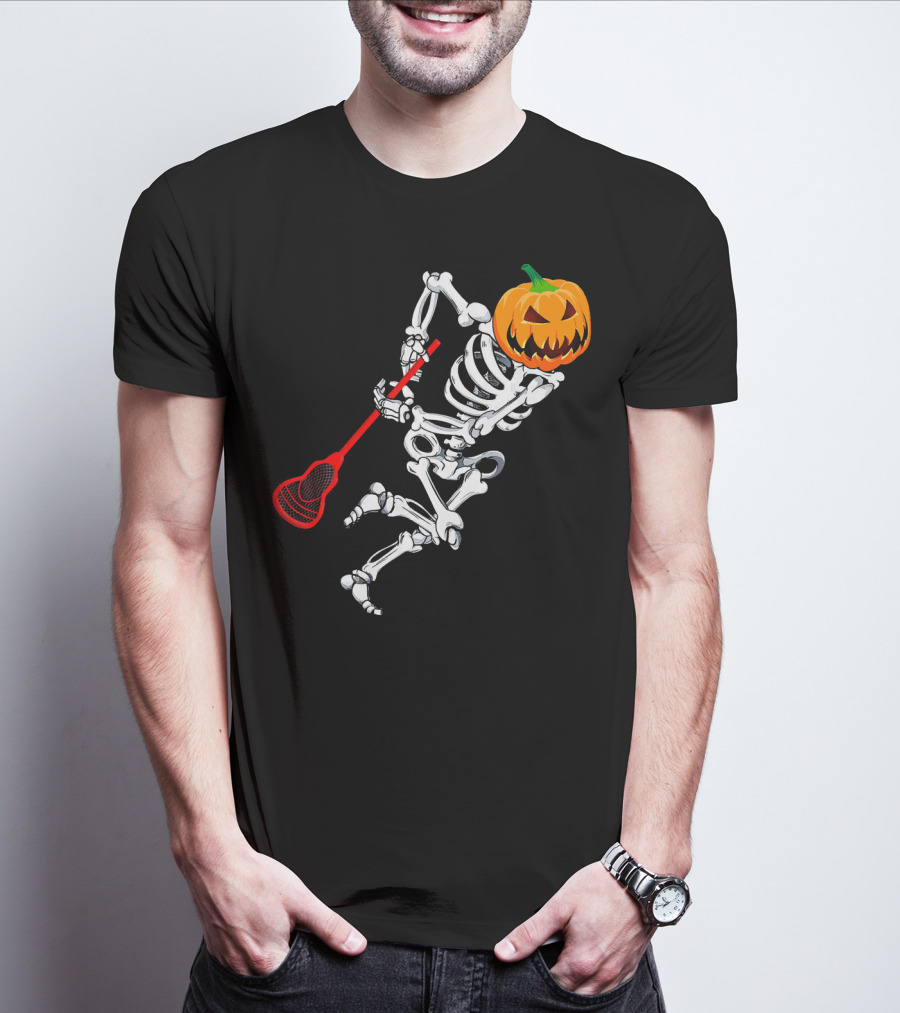 Skeleton Pumpkin Lacrosse Halloween T-Shirt