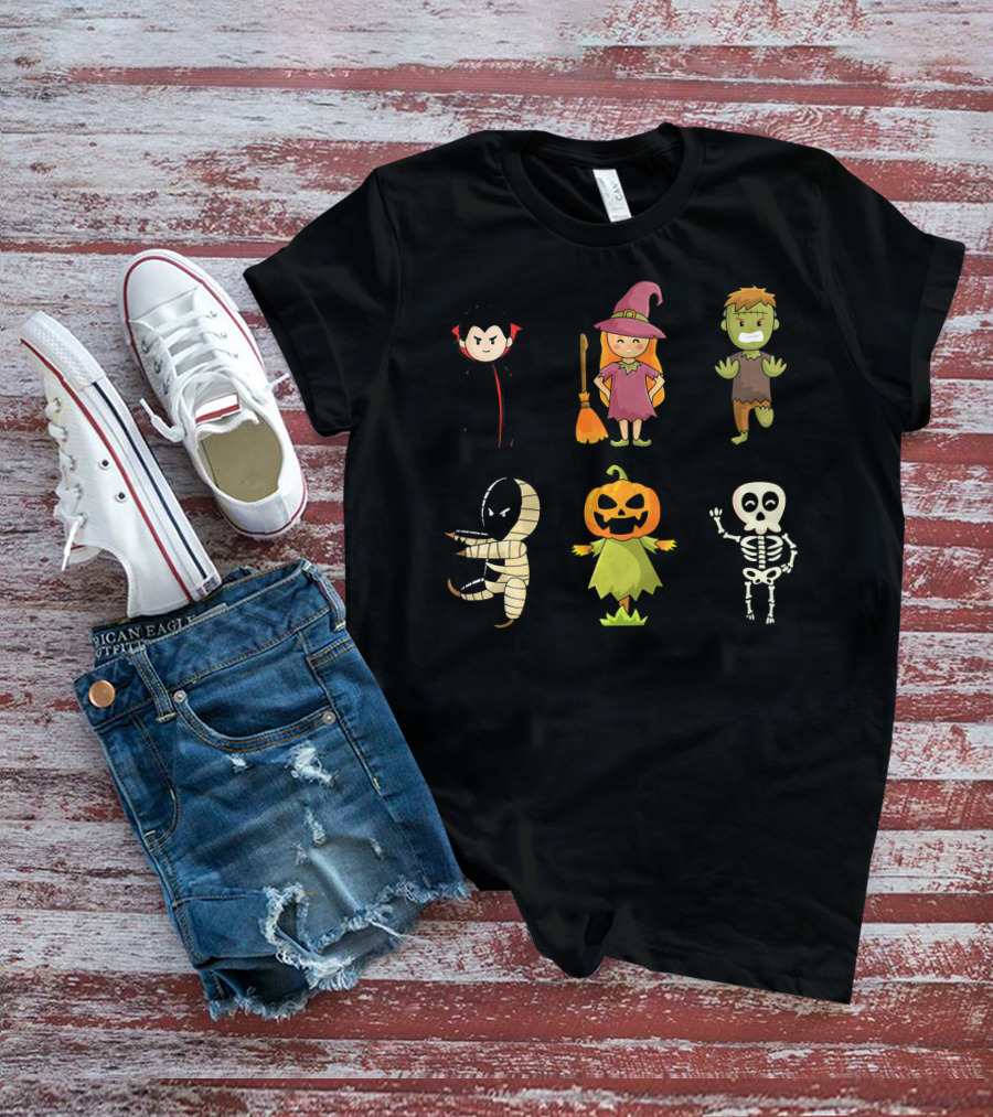 Halloween Characters Dracula Zombie Witch Pumpkin Mummy Skeleton T-Shirt