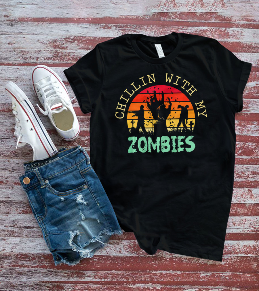 CHILLIN WITH MY ZOMBIES Halloween Zombie Sunset Scene T-Shirt