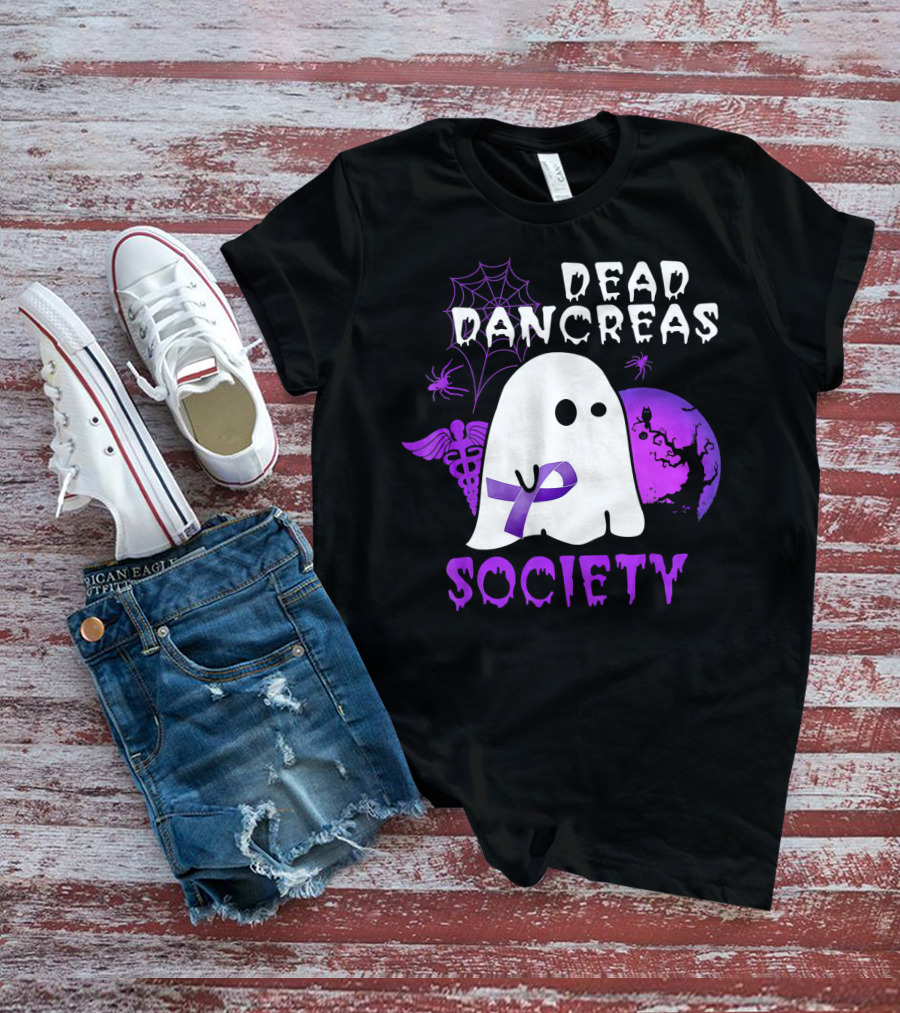 Dead Pancreas Society Ghost With Purple Ribbon Halloween T-Shirt