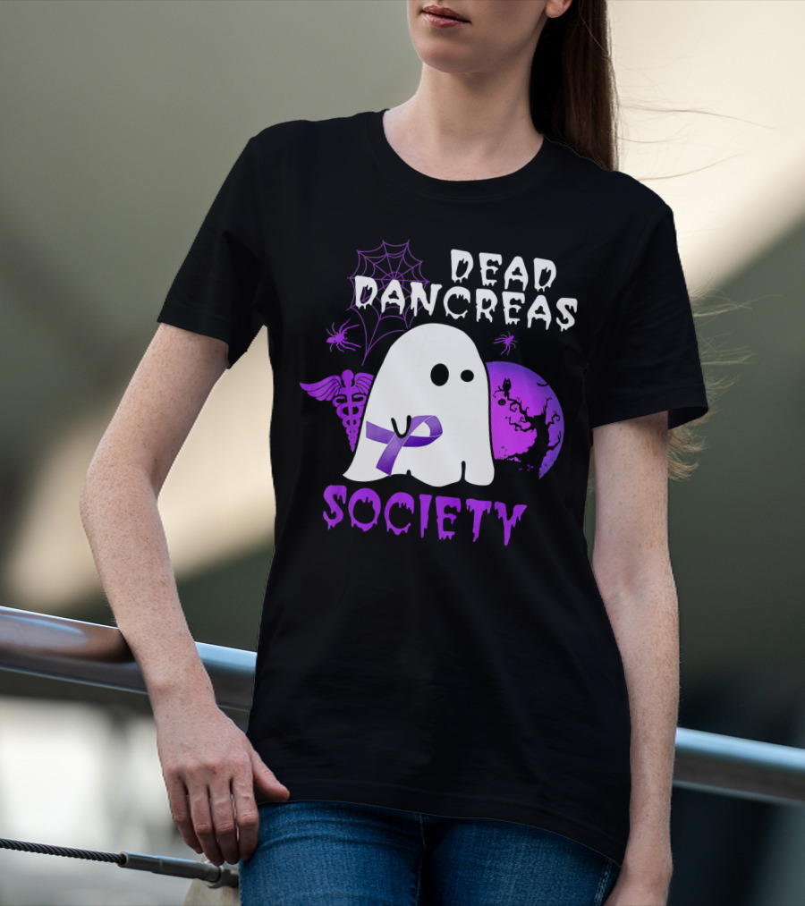 Dead Pancreas Society Ghost With Purple Ribbon Halloween T-Shirt
