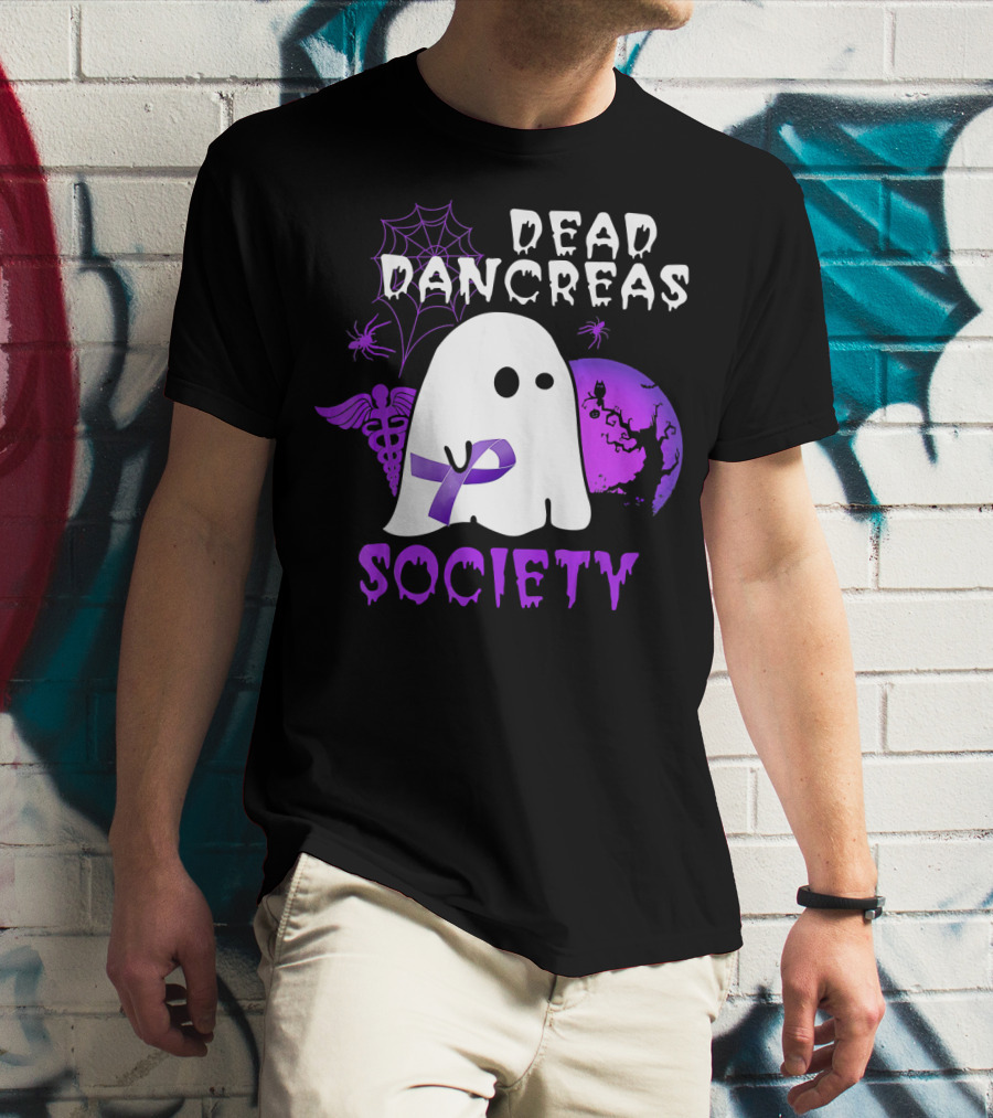 Dead Pancreas Society Ghost With Purple Ribbon Halloween T-Shirt
