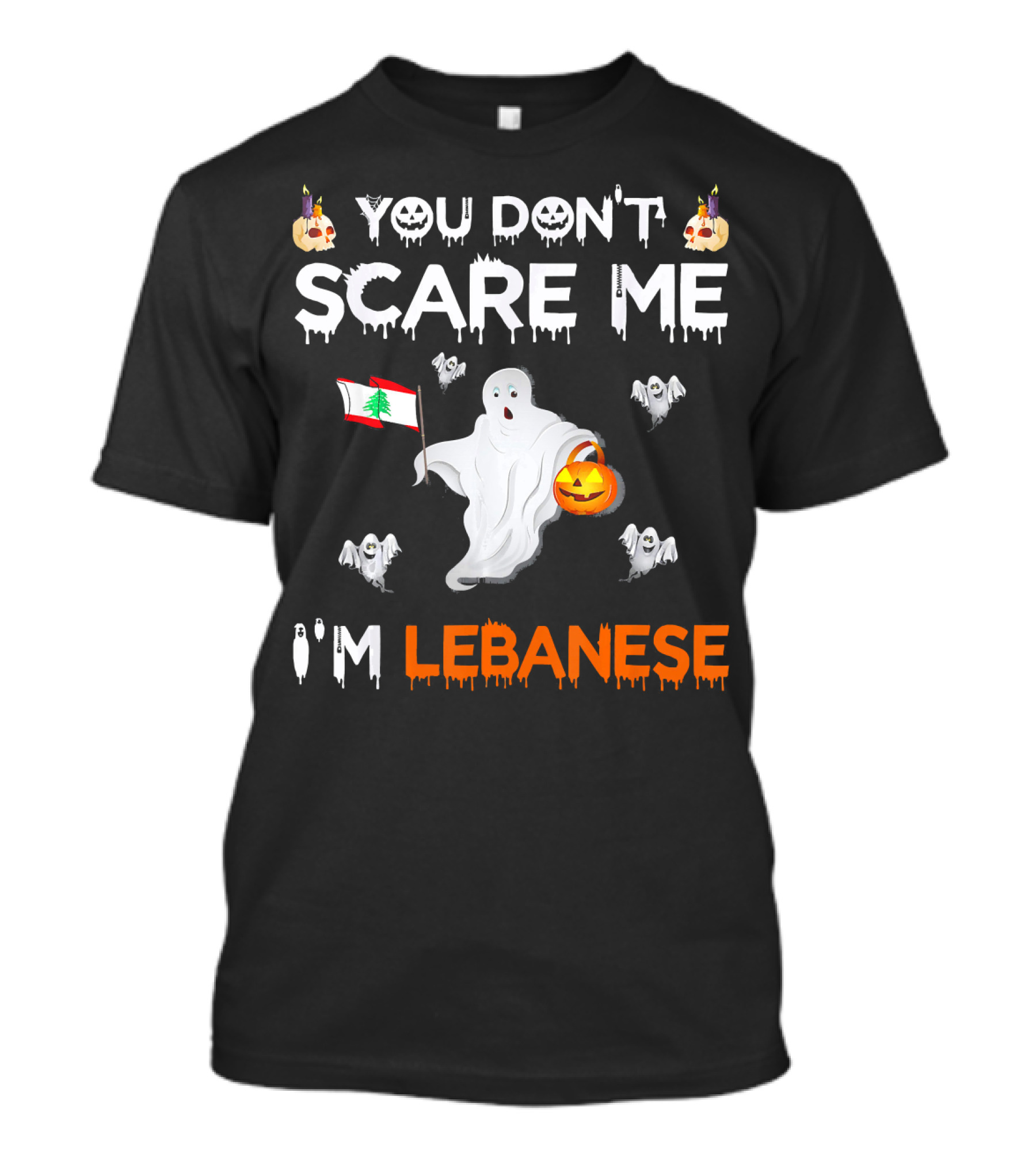 You Don't Scare Me I'm Lebanese Ghost With Lebanese Flag And Pumpkin Halloween T-Shirt