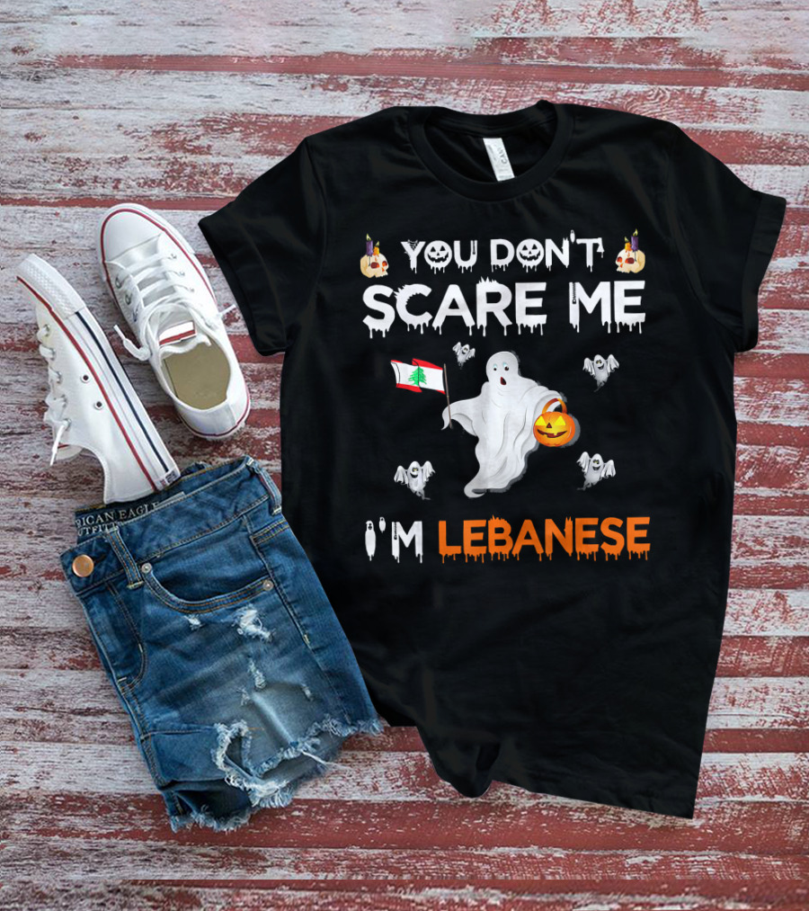 You Don't Scare Me I'm Lebanese Ghost With Lebanese Flag And Pumpkin Halloween T-Shirt