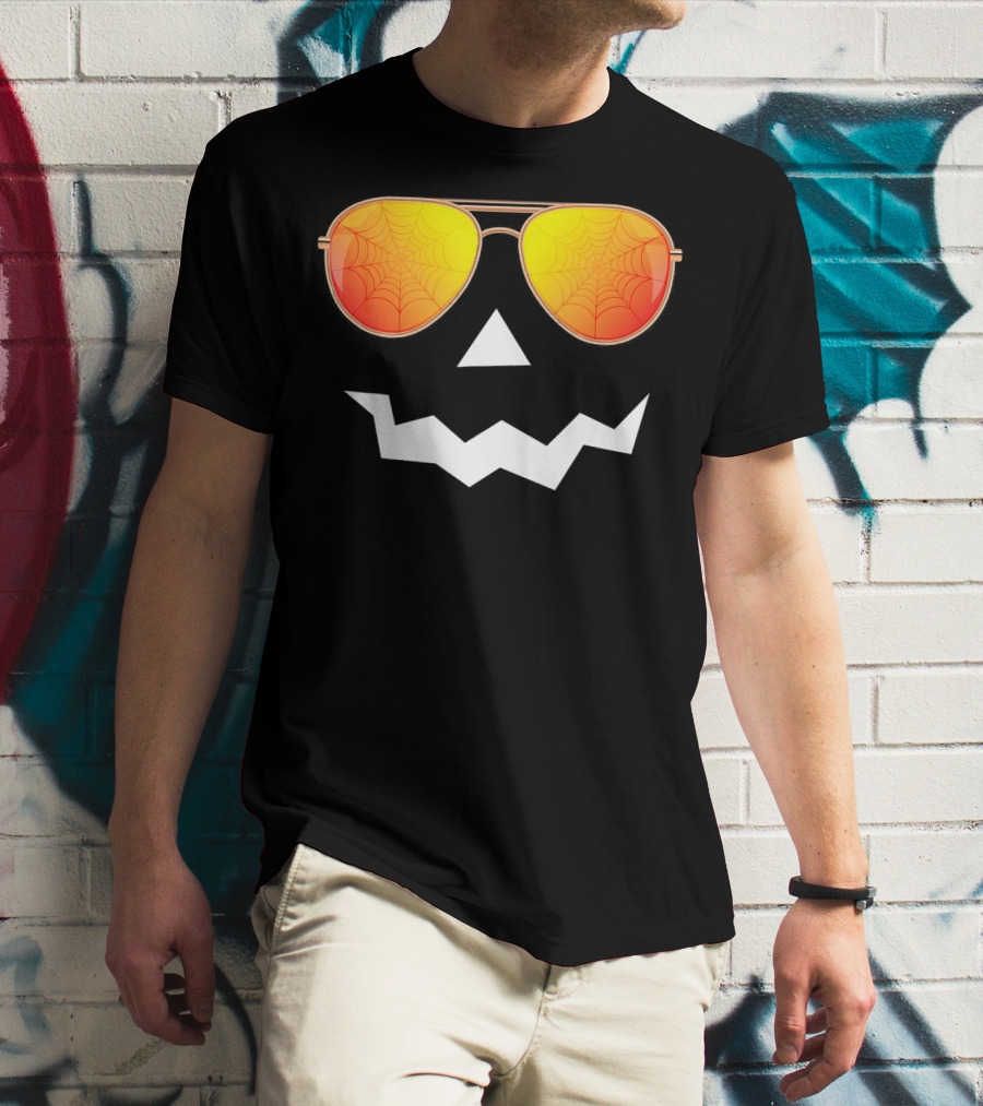 Halloween Jack O Lantern With Sunglasses And Spider Web Reflection T-Shirt