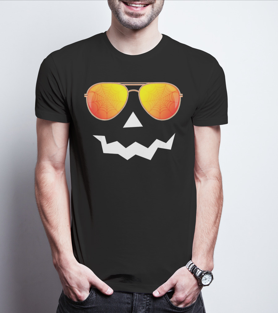 Halloween Jack O Lantern With Sunglasses And Spider Web Reflection T-Shirt