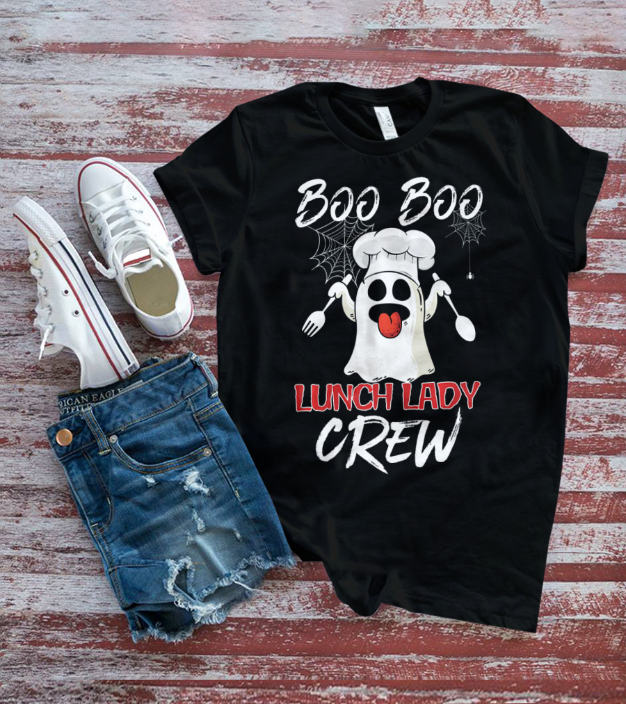 Boo Boo Lunch Lady Crew Funny Chef Ghost With Webs And Utensils T-Shirt