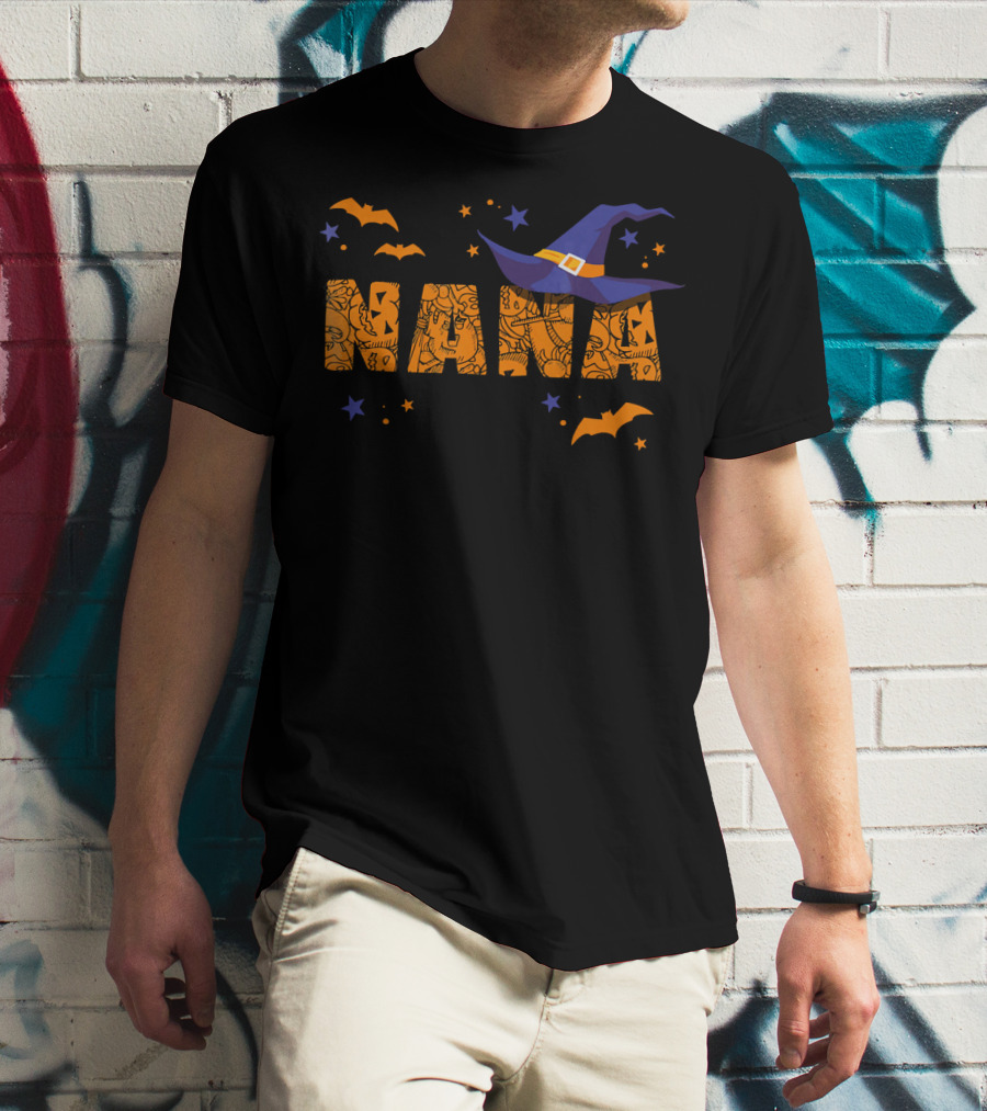 Halloween Nana Witch Hat Bats Stars T-Shirt