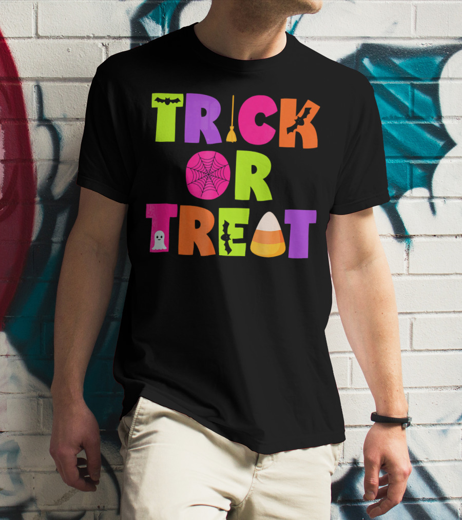 Trick Or Treat Bat Broom Spiderweb Ghost Candy Corn Halloween T-Shirt
