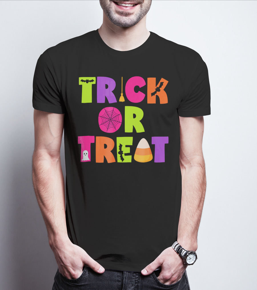 Trick Or Treat Bat Broom Spiderweb Ghost Candy Corn Halloween T-Shirt