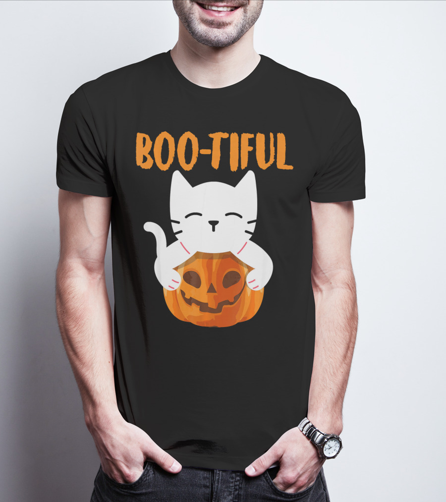 Boo-tiful Cat With Pumpkin Halloween Toddler Girls Boys T-Shirt