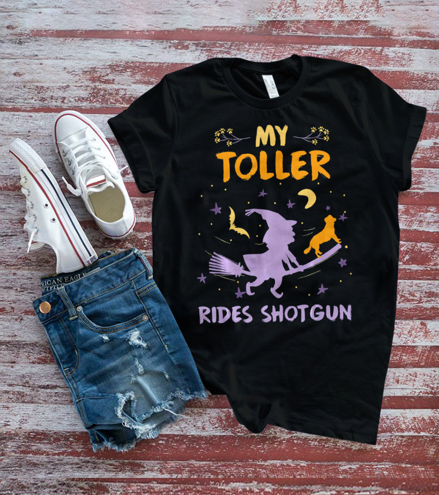 My Toller Rides Shotgun Halloween Witch And Dog Moon Stars T-Shirt