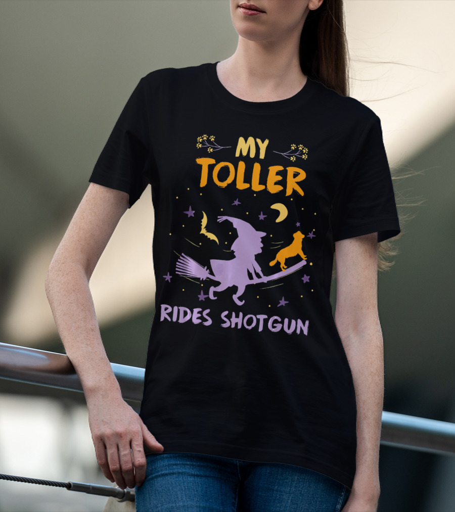 My Toller Rides Shotgun Halloween Witch And Dog Moon Stars T-Shirt