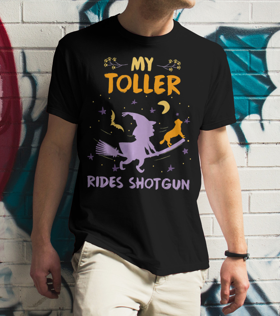 My Toller Rides Shotgun Halloween Witch And Dog Moon Stars T-Shirt