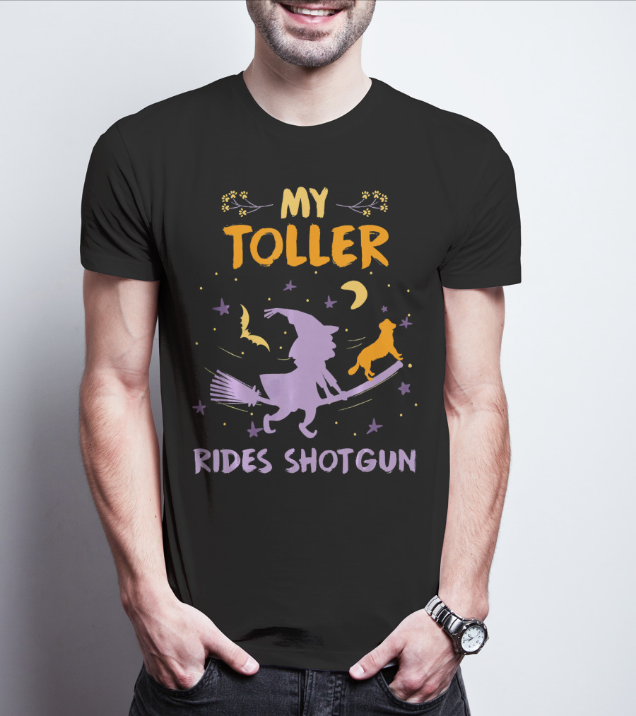 My Toller Rides Shotgun Halloween Witch And Dog Moon Stars T-Shirt