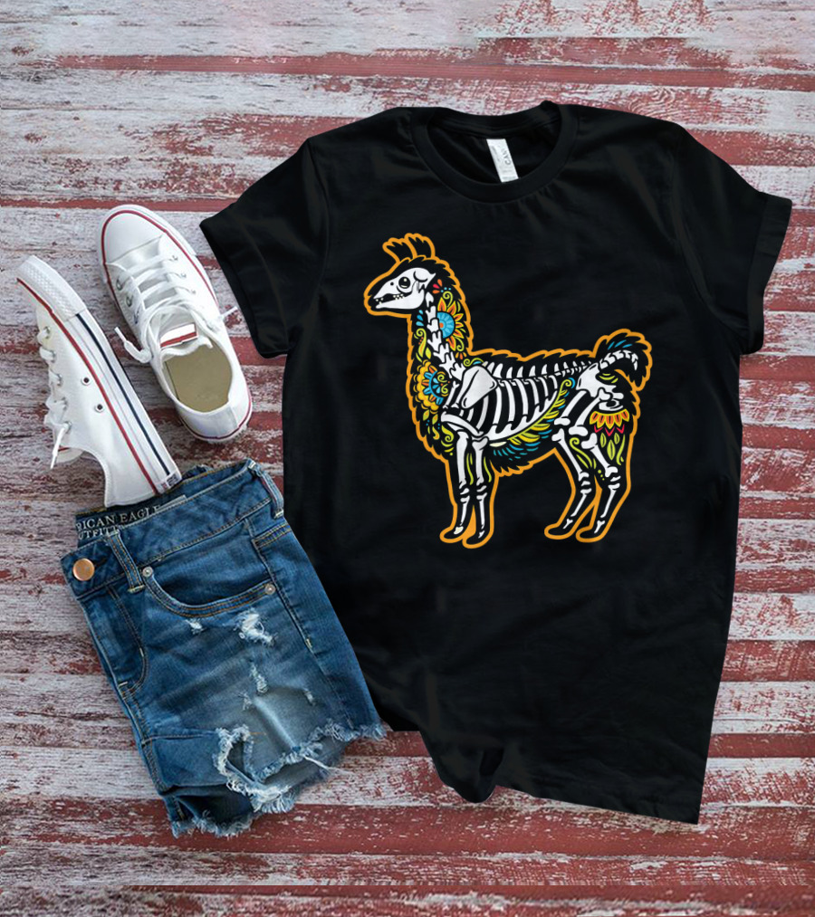 Colorful Dia De Los Muertos Llama Skeleton T-Shirt