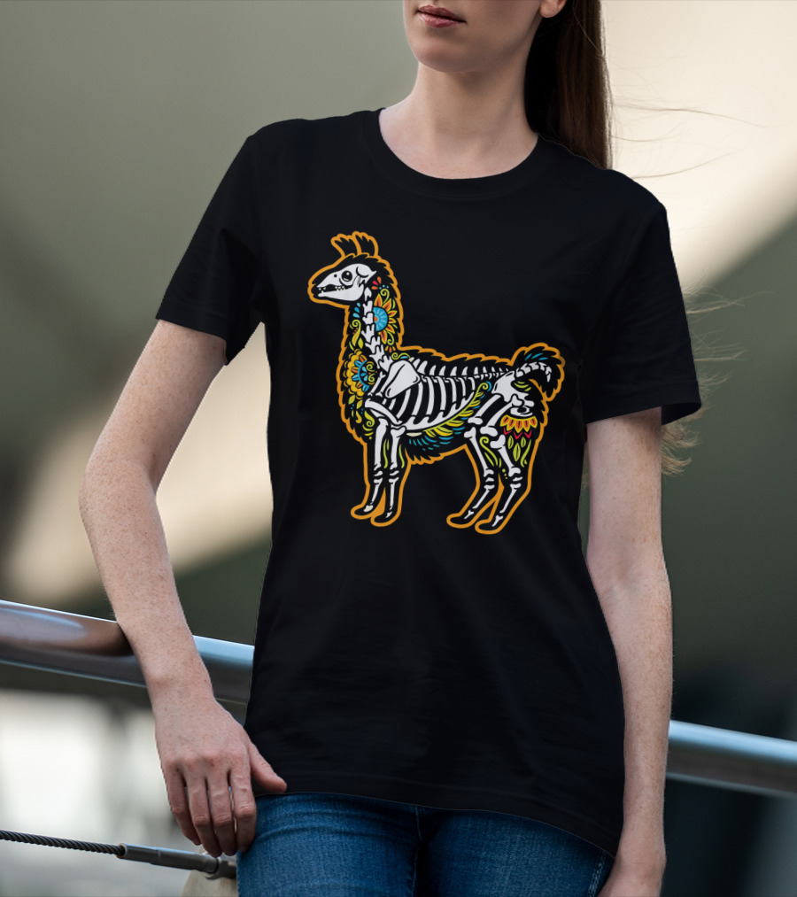 Colorful Dia De Los Muertos Llama Skeleton T-Shirt