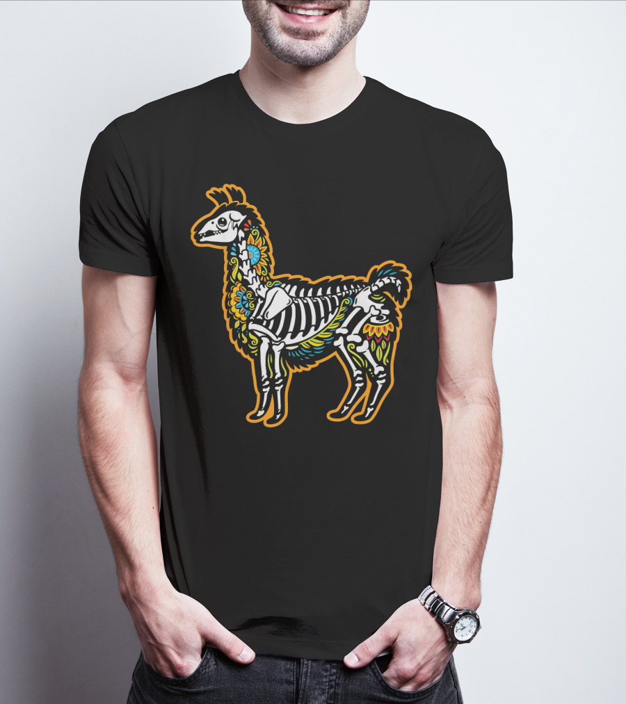 Colorful Dia De Los Muertos Llama Skeleton T-Shirt