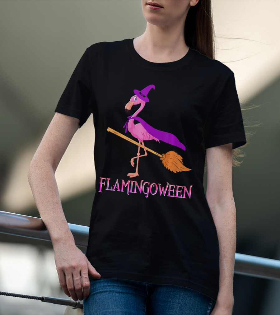 Flamingoween Witch Flamingo Riding Broomstick T-Shirt
